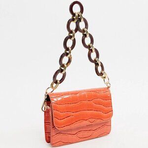 ASOS DESIGN Mini Bag in Oversized Orange Croc with Statement Strap NEW